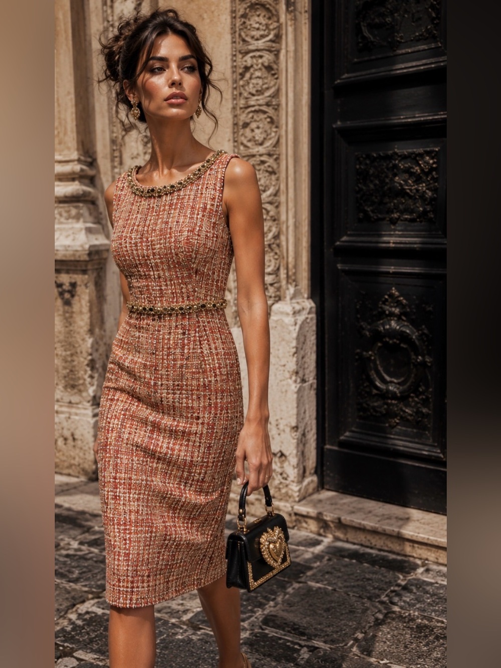Dolce & Gabbana Coral Tweed Sheath Dress Jeweled Neckline & Waist SZ 40 US 4